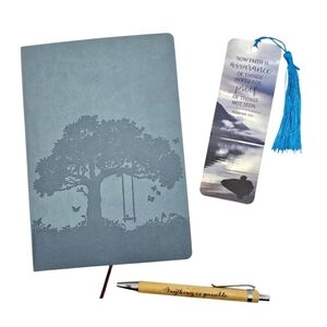 Tree of Life Faux Leather Journal Bamboo Pen Inspirational Bookmark Set Blue